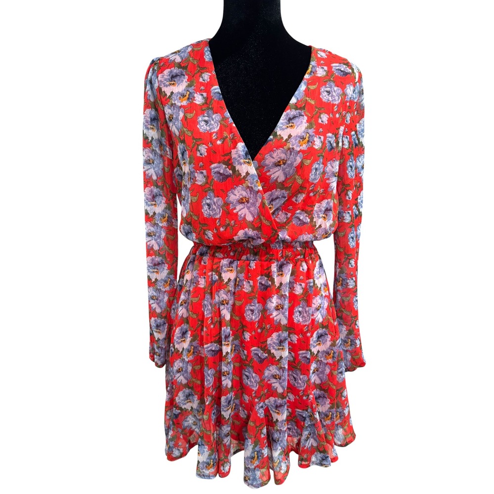 Mi Ami - Francesca's Floral Long Sleeve Mini Dress Red Blue Rose Dress Small